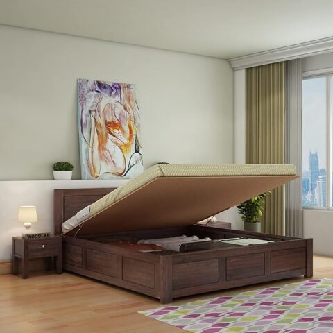 Natural Art & Crafts Comic Premium Teak Wood Hydraulic Storage King Size Bed Modern Space Saving Design with Elegant Finish