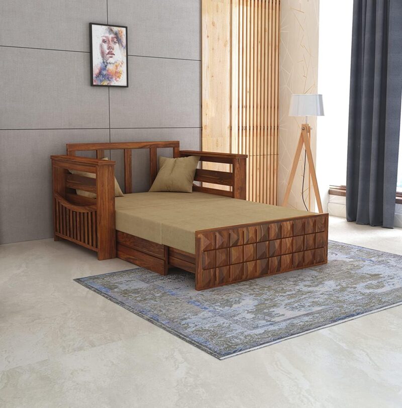 Natural Art & Craft Slope Handmade Teak Wood 2 Seater Sofa Cum Bed Rustic Convertible Wooden Sofa Bed for Living Room ( Honey Finish )
