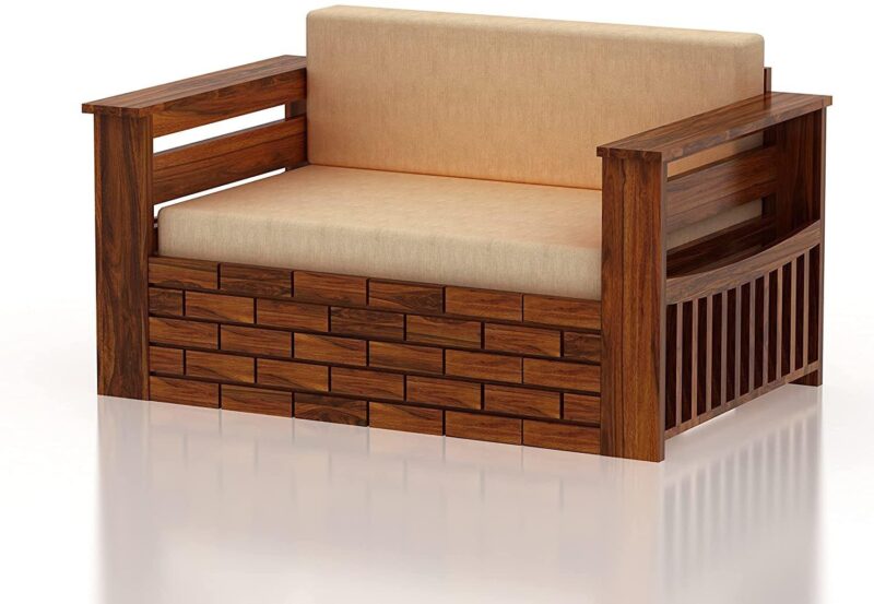 Natural Art & Craft Fence Design Handmade Teak Wood 2 Seater Sofa Cum Bed Rustic Convertible Wooden Sofa Bed for Living Room ( Honey Finish ) - Image 6
