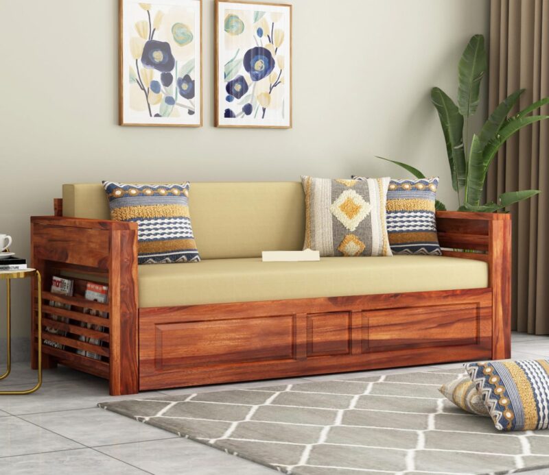 Natural Art & Crafts Expandable Flap Magazine Rack Handmade Teak Wood 3-Seater Sofa Cum Bed Comfortable Convertible Seating for Living Room - Image 2