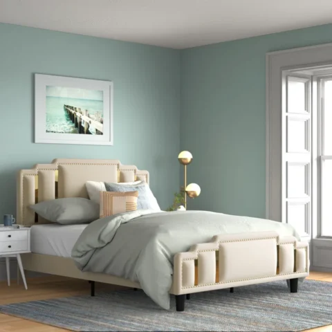 Natural Art & Crafts Luxurious Velvet Upholstered King Size Bed Premium Teak Wood Frame with Matching 2 Bedside Tables