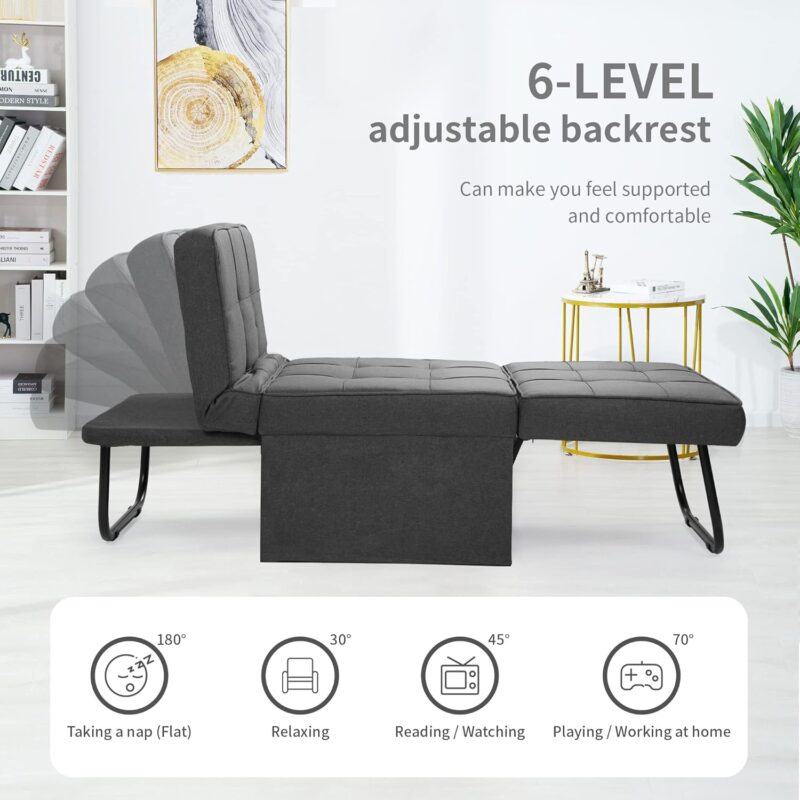 Natural Art & Crafts Modern Convertible Ottoman Teak Wood & Metal Frame with Adjustable Backrest Breathable Linen Upholstery Multi-Function Folding Sofa Cum Bed - Image 6
