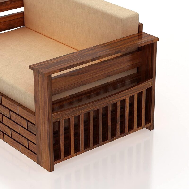 Natural Art & Craft Fence Design Handmade Teak Wood 2 Seater Sofa Cum Bed Rustic Convertible Wooden Sofa Bed for Living Room ( Honey Finish ) - Image 5