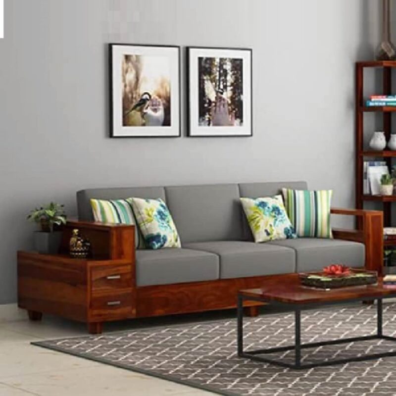 Natural Art & Craft Dyke Teak Wood 3 Seater Sofa Cum Bed with Upholstered Back, Storage Convertible Sofa Bed for Living Room, Space-Saving