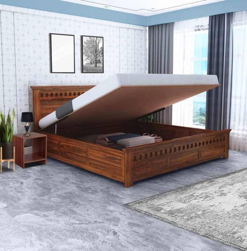 Natural Art & Crafts Armenia Premium Teak Wood Hydraulic Storage King Size Bed Modern Space Saving Design with Elegant Finish with