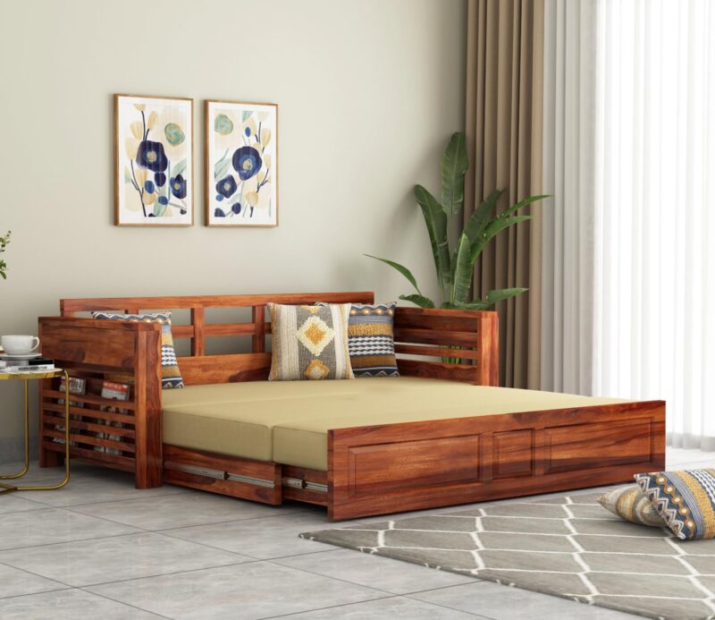 Natural Art & Crafts Expandable Flap Magazine Rack Handmade Teak Wood 3-Seater Sofa Cum Bed Comfortable Convertible Seating for Living Room