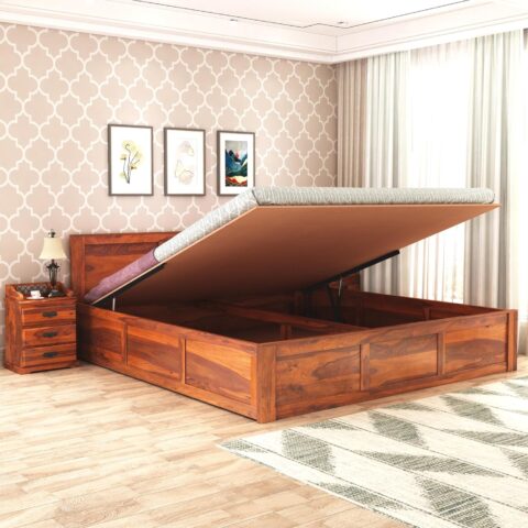 Natural Art & Crafts Boscage Handmade Premium Teak Wood Hydraulic Storage King Size Bed Modern Space Saving Design with Elegant Finish with 2 Bedside Table
