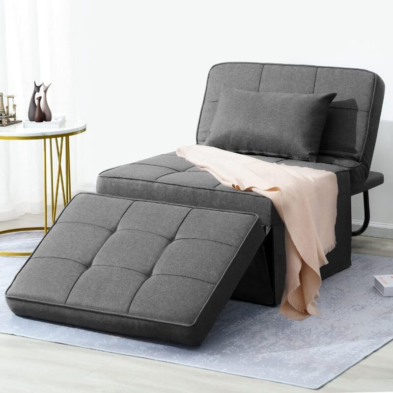 Natural Art & Crafts Modern Convertible Ottoman Teak Wood & Metal Frame with Adjustable Backrest Breathable Linen Upholstery Multi-Function Folding Sofa Cum Bed - Image 3