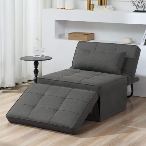 Natural Art & Crafts Modern Convertible Ottoman Teak Wood & Metal Frame with Adjustable Backrest Breathable Linen Upholstery Multi-Function Folding Sofa Cum Bed