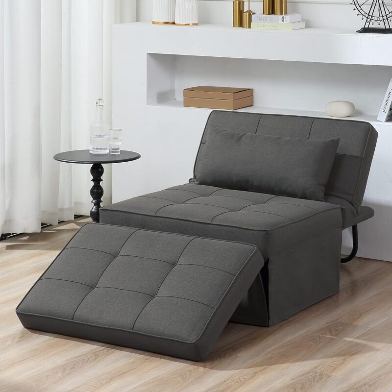 Natural Art & Crafts Modern Convertible Ottoman Teak Wood & Metal Frame with Adjustable Backrest Breathable Linen Upholstery Multi-Function Folding Sofa Cum Bed