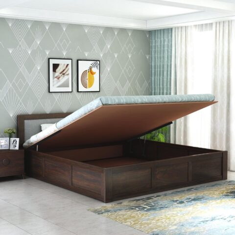 Natural Art & Crafts Fanzine Handmade Premium Teak Wood Hydraulic Storage King Size Bed Modern Space Saving Design with Elegant Finish