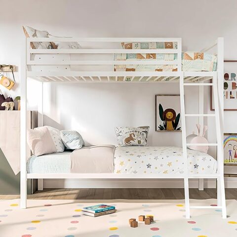 Natural Art & Crafts Guardrail Heavy-Duty Solid Wood Twin Over Twin Bunk Bed, White Sturdy & Safe Kids Bunk Bed with Guardrails, Space-Saving Design