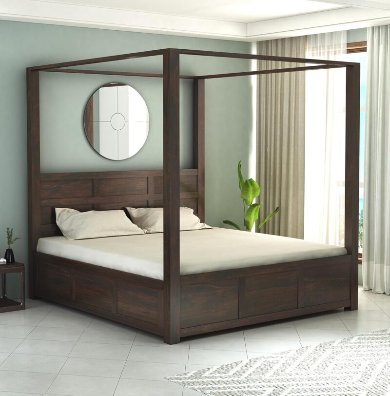 Natural Art & Crafts Flyer Royal Handmade Teak Wood Poster Bed with Matching 2 Bedside Table ( Walnut Finish )