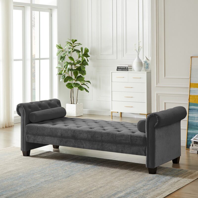 Natural Art & Craft Flannel Entryway Button Tufted Teak Wood 3-Seater Bench with Rolled Arm Velvet Fabric - Image 2