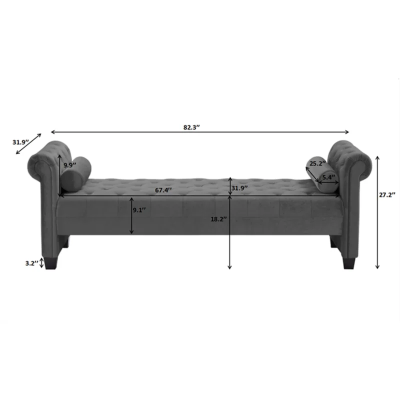 Natural Art & Craft Flannel Entryway Button Tufted Teak Wood 3-Seater Bench with Rolled Arm Velvet Fabric - Image 3