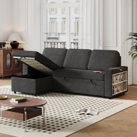 Natural Art & Craft Sectional L-Shape Sofa with 2 Storage Racks Modern Convertible Modular Sofa for Living Room, Space-Saving