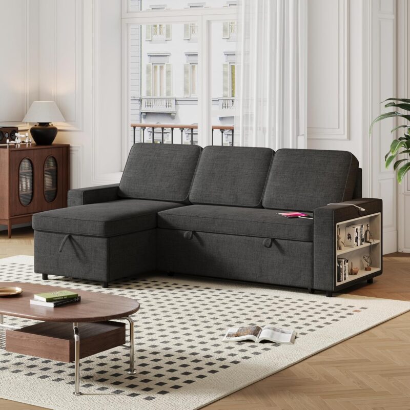 Natural Art & Craft Sectional L-Shape Sofa with 2 Storage Racks Modern Convertible Modular Sofa for Living Room, Space-Saving - Image 2