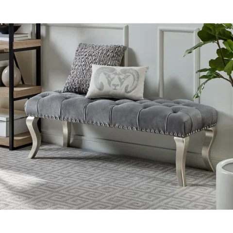 Natural Art & Craft Garza Button Tufted Teak Wood Upholstered Bench Luxury Entryway for Living Room and Bedroom ( Grey )