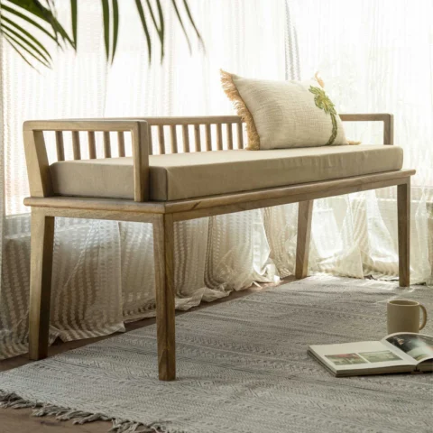 Natural Art & Craft Hemis Teak Wood Rectangular Bench Handcrafted Rustic Modern Living Room Seating with Natural Texture