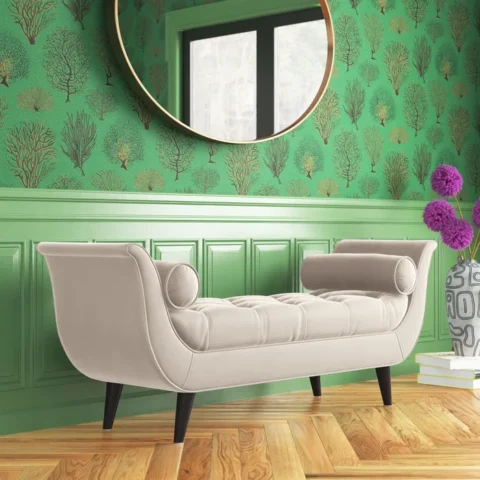 Natural Art & Craft Lucien Button Tufted Teak Wood Upholstered Bench Luxury Entryway Bench for Living Room and Bedroom