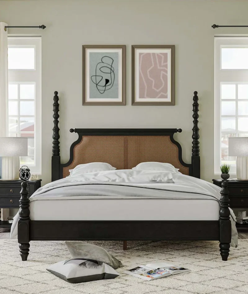 Natural Art & Crafts Olympus Royal Handmade Teak Wood Poster Bed with 2 Elegant Bedside Tables ( Walnut Finish )