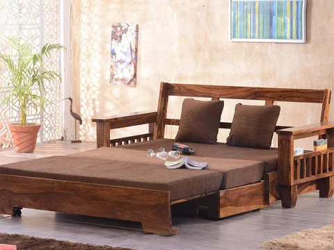 Natural Art & Crafts Solemn Handmade Teak Wood 3 Seater Sofa Cum Bed Convertible, Space-Saving