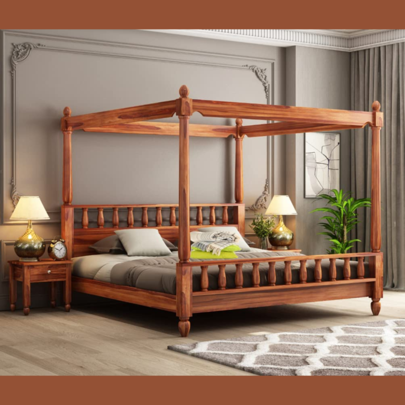 Natural Art & Crafts Bossy Royal Handmade Teak Wood Poster Bed with Matching 2 Bedside Table ( Honey Finish ) - Image 2