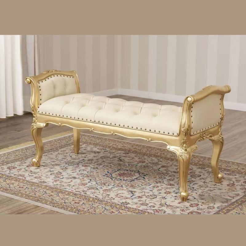 Natural Art & Craft Carissa French Baroque Style Crystal Button Teak Wood Bench Hand Carved Antique-Inspired Seating for Elegant Living Room