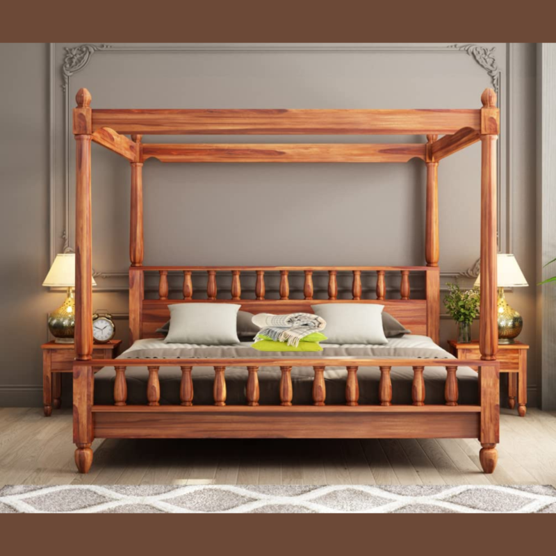 Natural Art & Crafts Bossy Royal Handmade Teak Wood Poster Bed with Matching 2 Bedside Table ( Honey Finish )