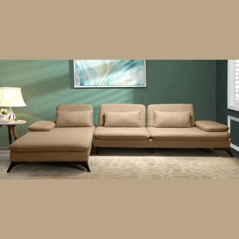 Natural Art & Craft Jauna RHS Teak Wood Lounger Sectional Sofa in Sandy Beige Luxury High-End Living Room