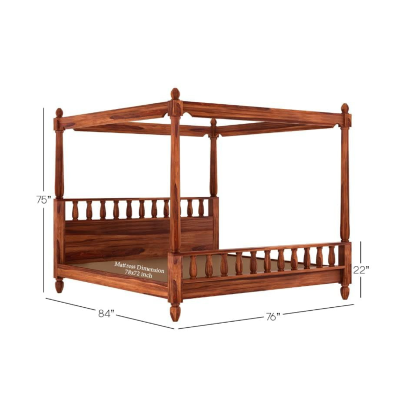 Natural Art & Crafts Bossy Royal Handmade Teak Wood Poster Bed with Matching 2 Bedside Table ( Honey Finish ) - Image 4