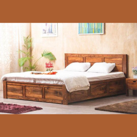 Natural Art & Crafts Essential Teak Wood Hydraulic Storage King Size Bed Modern Space Saving Design with Elegant Finish