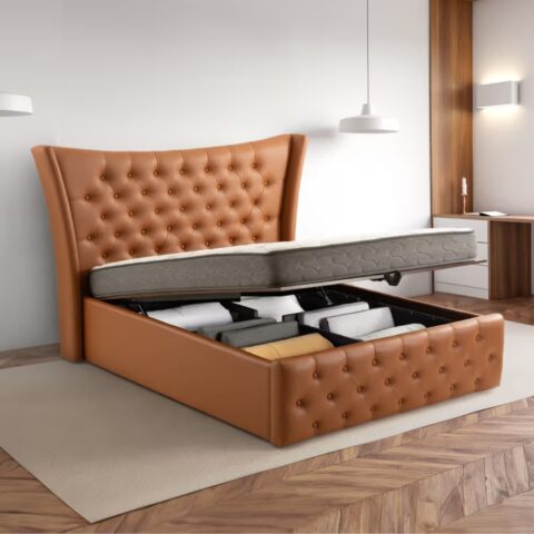 Natural Art & Crafts Lovejoy Button Tufted Leatherette Hydraulic Storage King Size Bed for Luxury Bedroom