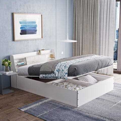 Natural Art & Crafts Bonnet Handmade Premium Teak Wood Hydraulic Storage King Size Bed Modern Space Saving Design with Elegant Finish