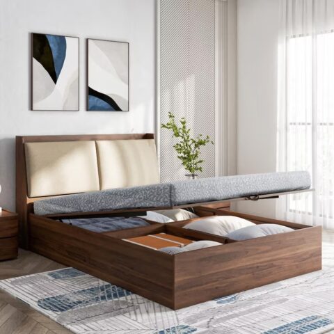 Natural Art & Crafts Mars Handmade Premium Teak Wood Hydraulic Storage King Size Bed Modern Space Saving Design with Elegant Finish