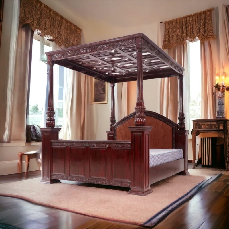 Natural Art & Crafts Classic Majestic Traditional Royal Hand Carved Teak Wood Poster Bed Elegant Vintage Carved Bed Frame for Luxury Bedroom