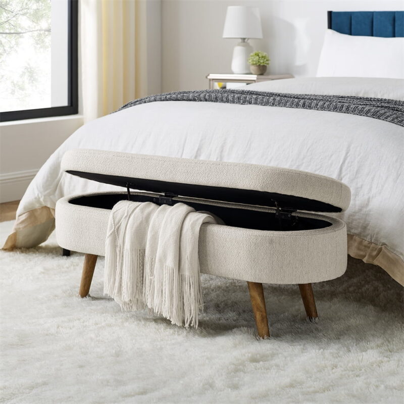 Natural Art & Craft Hinge Entryway Oval Shape Polyester Fabric Teak Wood Bench - Image 2