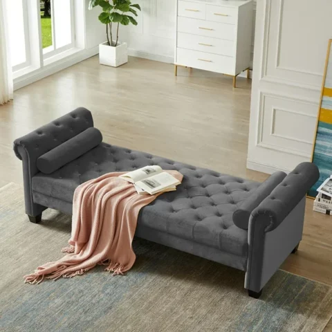 Natural Art & Craft Flannel Entryway Button Tufted Teak Wood 3-Seater Bench with Rolled Arm Velvet Fabric
