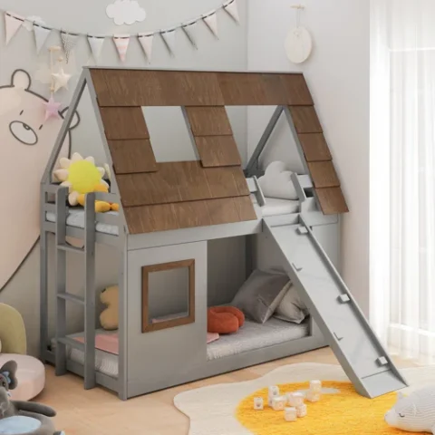 Natural Art & Craft Modern Cozy Twin House Handmade Teak Wood Bunk Bed with Ladder for Kids