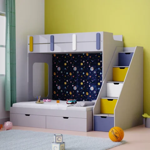 Natural Art & Crafts Pattern Dreams Handmade Teak Wood Bunk Bed With Drawer Storage