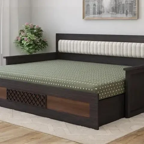 Natural Art & Crafts Royaloak Muar Handmade Teak Wood 3 Seater Sofa Cum Bed Convertible, Space-Saving Walnut Finish
