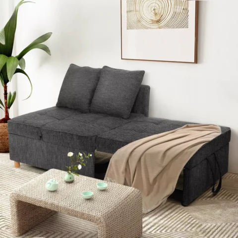 Natural Art & Craft Folding Ottoman Sofa Cum Bed Sleeper Sofa with Adjustable Backrest and 2 Pillows Convertible Space-Saving Sofa Bed for Small Spaces