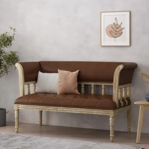 Natural Art & Craft Loveseat Button Tufted Teak Wood Leatherette Upholstered 2 Bench for Living Room and Bedroom