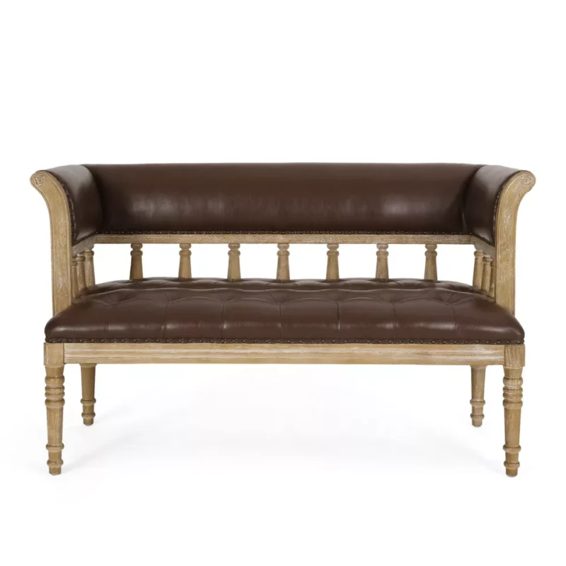 Natural Art & Craft Loveseat Button Tufted Teak Wood Leatherette Upholstered 2 Bench for Living Room and Bedroom - Image 2