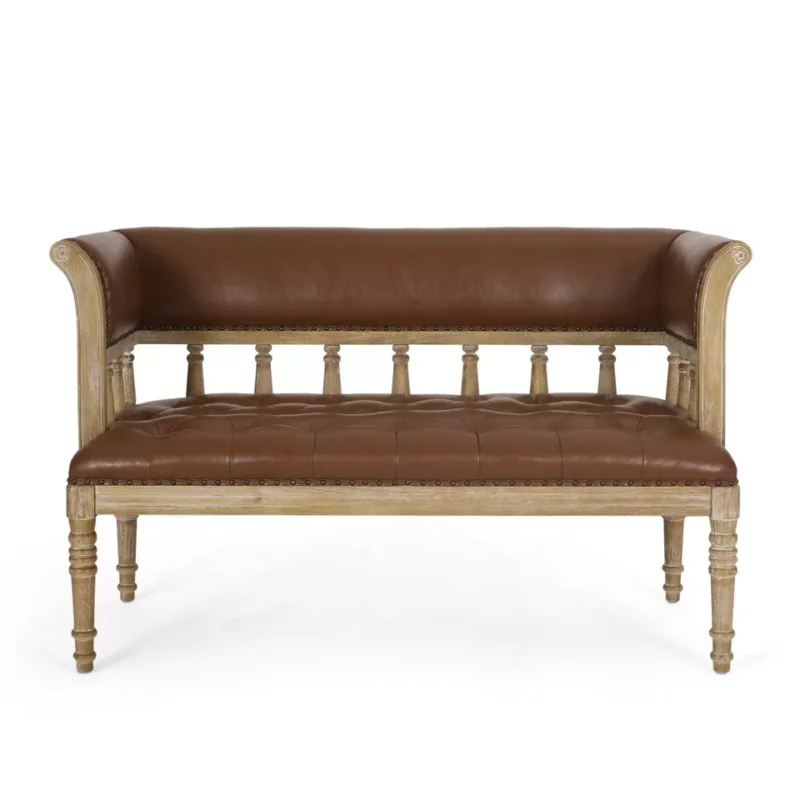 Natural Art & Craft Loveseat Button Tufted Teak Wood Leatherette Upholstered 2 Bench for Living Room and Bedroom - Image 3