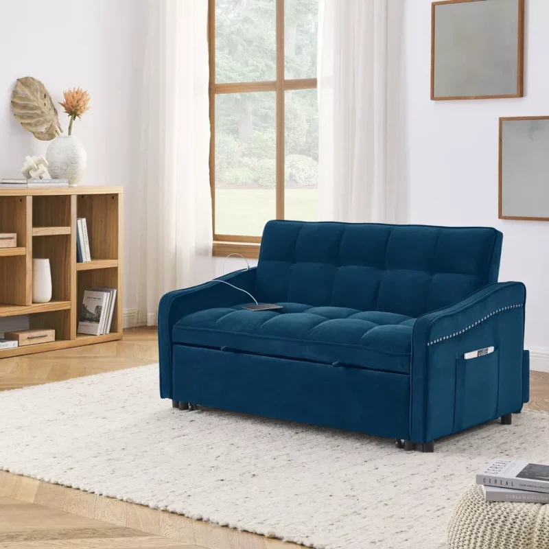 Natural Art & Craft Convertible Loveseat Sofa Bed with Pull-Out, Adjustable Back, and Arm Pockets Space-Saving Sleeper Sofa for Small Spaces, Multi-Functional - Image 2