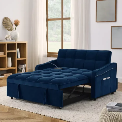 Natural Art & Craft Convertible Loveseat Sofa Bed with Pull-Out, Adjustable Back, and Arm Pockets Space-Saving Sleeper Sofa for Small Spaces, Multi-Functional