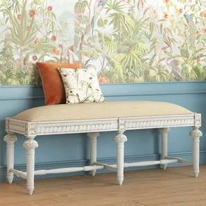 Natural Art & Craft Hopsack Hand Carved Teak Wood Rectangular 3-Seater Bench ( White Antique Finish )