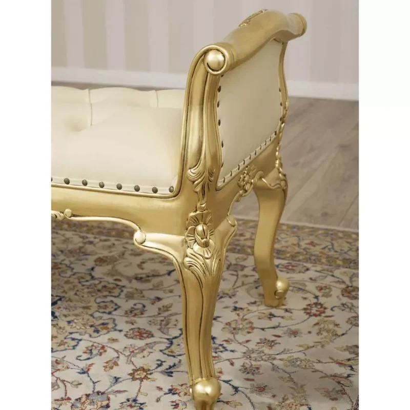 Natural Art & Craft Carissa French Baroque Style Crystal Button Teak Wood Bench Hand Carved Antique-Inspired Seating for Elegant Living Room - Image 2