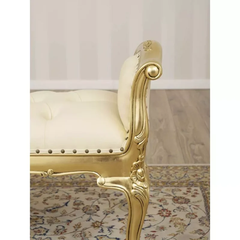 Natural Art & Craft Carissa French Baroque Style Crystal Button Teak Wood Bench Hand Carved Antique-Inspired Seating for Elegant Living Room - Image 3